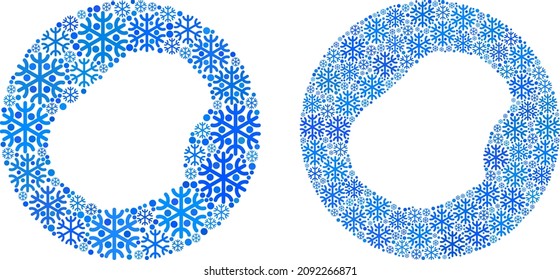 Nieve flakes Nauru mapa mosaico compuesto por esfera y forma de corte. Mosaico de mapa vectorial Nauru de piezas de nieve en tamaños variables y tonos de color azul. Diseñado para anuncios de invierno.