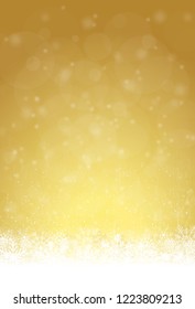 snow flakes on bottom side, abstract fall of snow and gold colored background