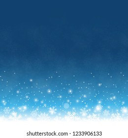 snow flakes on bottom side, abstract fall of snow and blue colored background