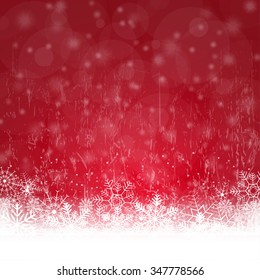 snow flakes on bottom side, abstract fall of snow and red colored background
