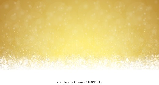 snow flakes on bottom side, abstract fall of snow and golden colored background