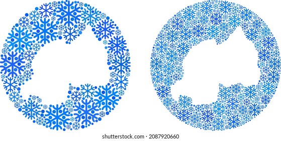 Snow flakes Rwanda map collage formed with sphere and subtracted space. Vector Rwanda map collage of snow parts in various sizes and blue color tints. Created for Christmas applications.