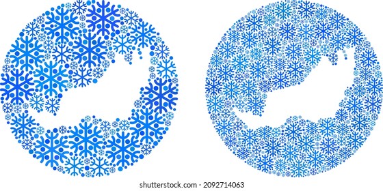 Snow flakes Sarawak State map mosaic is designed with circle and cut out shape. Vector Sarawak State map composition of snow ojects in variable sizes and blue color tints.