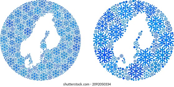 Snow flakes Scandinavia map mosaic designed with circle and stencil. Vector Scandinavia map mosaic of snow items in different sizes and blue shades. Designed for winter proclamations.