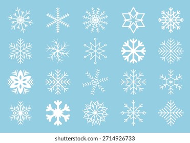 Snow Flakes vector collection isolated on blue. Frozen and frost icons.