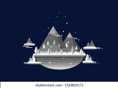 snow floating background black and white concept, with trees and mountain, flat design background, using for banner, background, and wallpaper.