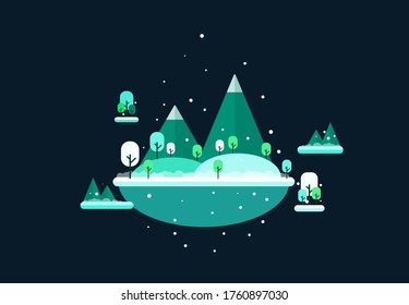 snow floating island with mountain and trees, with dark background vector illustration, snow flat design, snow time, snow island, and using for banner, background, and wallpaper.