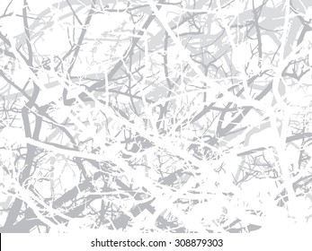 Snow forest background, white tree wood, gray branches plant winter season. Foggy snowy jungle view sky.