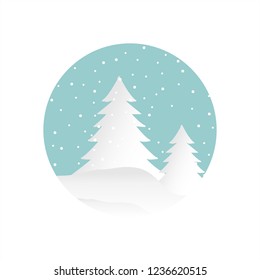 Snow forest in circle. Pines, trees and mountain in winter. Paper vector Illustration.