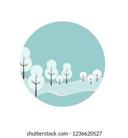 Snow forest in circle. Pines, trees and mountain in winter. Paper vector Illustration.