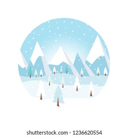 Snow forest in circle. Pines, trees and mountain in winter. Paper vector Illustration.