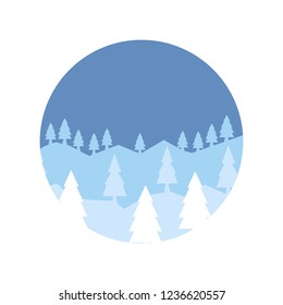 Snow forest in circle. Pines, trees and mountain in winter. Paper vector Illustration.
