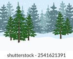 Snow forest with evergreen tress. Winter forest