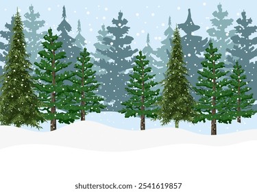 Snow forest illustration with spruce trees