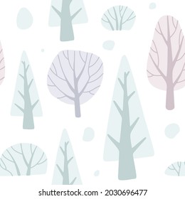 Snow forest pale trees pattern. Seamless texture for fabric, textile, wrapping, paper, stationery.