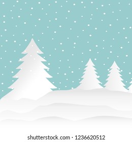 Snow forest. Pines, trees and mountain in winter. Paper vector Illustration.