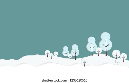 Snow forest. Pines, trees and mountain in winter. Paper vector Illustration.
