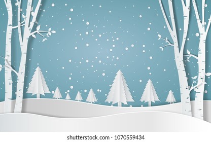 Snow Forest With Pines In Winter. Paper Vector Illustration