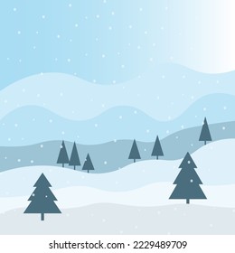 Snow forrest landscape with trees. Cold day snowy day with mountain view.