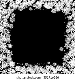 Snow frame black white background. Transparent background with snowflakes. 