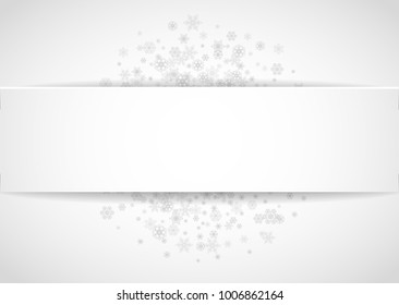 Snow frame on white paper background. Horizontal Christmas and Happy New Year theme. Silver snow frame for banner, gift card, party invitation, partner compliment and special business offers