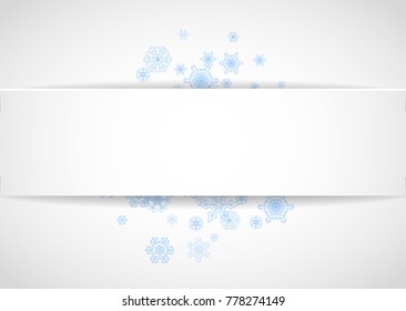 Snow frame on white paper background. Horizontal Christmas and Happy New Year theme. Blue snow frame for banner, gift card, party invitation, partner compliment and special business offers