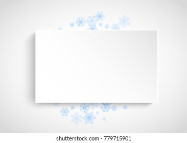 Snow frame on white paper background. Horizontal Christmas and Happy New Year theme. Blue snow frame for banner, gift card, party invitation, partner compliment and special business offers