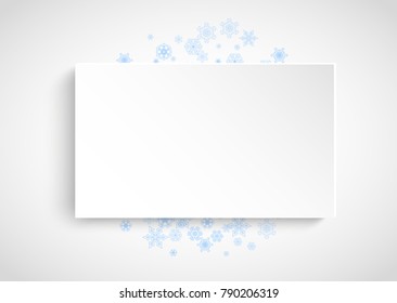 Snow frame on white paper background. Horizontal Christmas and Happy New Year theme. Blue snow frame for banner, gift card, party invitation, partner compliment and special business offers
