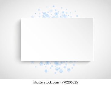 Snow frame on white paper background. Horizontal Christmas and Happy New Year theme. Blue snow frame for banner, gift card, party invitation, partner compliment and special business offers