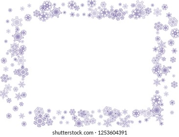Snow frame sale with ultra violet snowflakes. Winter border for gift coupons, vouchers, ads, party events. Christmas trendy background. Holiday banner on snow frame. New Year frosty backdrop