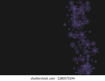 Snow frame sale with ultra violet snowflakes. Winter border for flyer, gift card, party invite, retail offer and ad. Christmas trendy background. Holiday banner on snow frame. New Year snowy backdrop