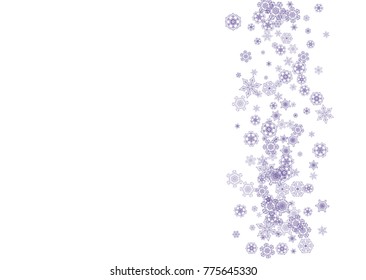 Snow frame sale with ultra violet snowflakes. Winter border for flyer, gift card, invitation, business offer and ad. Christmas trendy background. Holiday banner on snow frame. New Year frosty backdrop