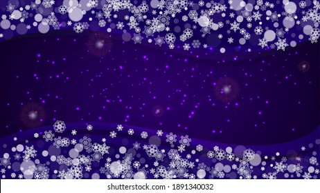 Snow frame with ultra violet snowflakes. New Year backdrop. Winter border for gift coupons, vouchers, ads, party events. Christmas trendy background. Holiday snowy banner with snow frame