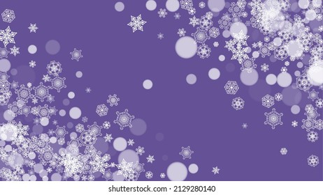 Snow frame with ultra violet snowflakes. New Year backdrop. Winter border for flyer, gift card, party invite, retail offer and ad. Christmas trendy background. Holiday snowy banner with snow frame