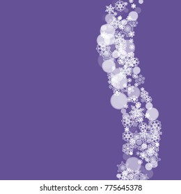 Snow frame with ultra violet snowflakes. New Year frosty backdrop. Winter border for gift coupons, vouchers, ads, party events. Christmas trendy background. Holiday banner with snow frame