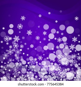 Snow frame with ultra violet snowflakes. New Year snowy backdrop. Winter border for flyer, gift card, invitation, business offer and ad. Christmas trendy background. Holiday banner with snow frame