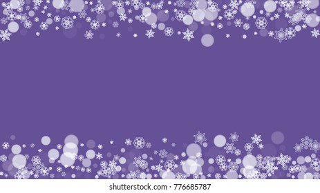 Snow frame with ultraviolet snowflakes. New Year backdrop. Winter border for flyer, gift card, party invite, retail offer and ad. Christmas trendy background. Holiday frosty banner with snow frame