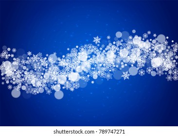 Snow frame with white snowflakes for Christmas and New Year celebration on blue background with sparkles. Horizontal snow frame for banners, gift coupon, voucher, ads, party event. Falling frosty snow