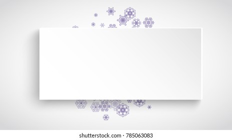 Snow frame for xmas sale with ultra violet snowflakes.  Winter border for flyer, gift card, invitation, business offer and ad. Christmas white background. Paper banner and snow frame. Frosty backdrop