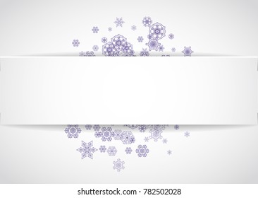 Snow frame for xmas sale with ultraviolet snowflakes.  Winter border for flyer, gift card, party invite, retail offer and ad. Christmas white background. Paper banner and snow frame. Snowy backdrop