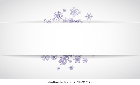 Snow frame for xmas sale with ultraviolet snowflakes.  Winter border for flyer, gift card, party invite, retail offer and ad. Christmas white background. Paper banner and snow frame. Frosty backdrop