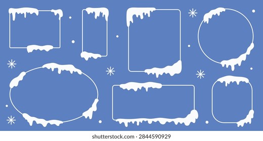 Snow frames set. Collection of winter frames with icy frost covered edges. Cute cartoon snowdrifts and icicles. Winter frames for Christmas, New Year greeting, calendar, social media