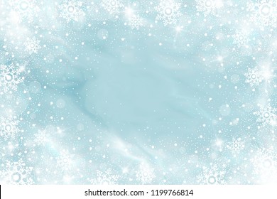 Snow Frost Effect On Blue Background. Vector Illustration. Abstract Bright White Shimmer Lights And Snowflakes. Glowing Blizzard. Scatter Falling Round Particles.