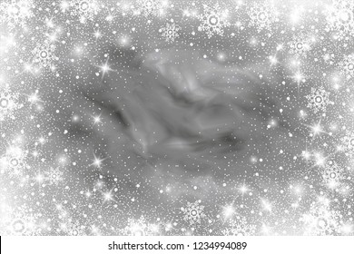 Snow frost effect on gray background. Vector Illustration. Abstract bright white shimmer lights and snowflakes. Glowing blizzard. Scatter falling round particles.