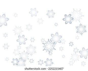 Snow frost effect on grey background. Vector Illustration. Abstract bright white shimmer lights and snowflakes. Glowing blizzard. Scatter falling round particles.