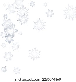 Snow frost effect on grey background. Vector Illustration. Abstract bright white shimmer lights and snowflakes. Glowing blizzard. Scatter falling round particles.