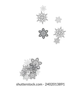 Snow frost effect on grey background. Vector Illustration. Abstract bright white shimmer lights and snowflakes. Glowing blizzard. Scatter falling round particles.
