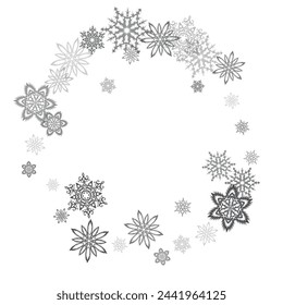 Snow frost effect on grey background. Vector Illustration. Abstract bright white shimmer lights and snowflakes. Glowing blizzard. Scatter falling round particles.