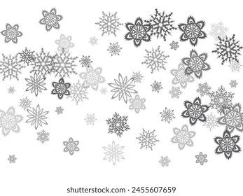 Snow frost effect on grey background. Vector Illustration. Abstract bright white shimmer lights and snowflakes. Glowing blizzard. Scatter falling round particles.