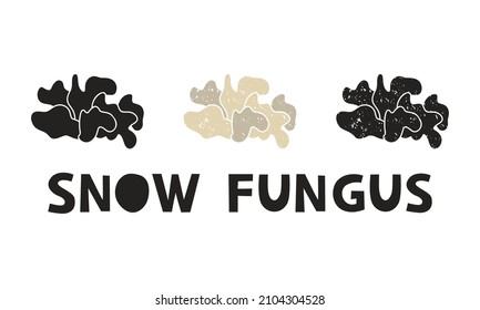 Snow fungus, silhouette icons set with lettering. Imitation of stamp, print with scuffs. Simple black shape and color vector illustration. Hand drawn isolated elements on white background